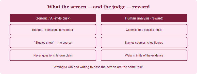 Comparison of AI-style generic writing versus genuine human economics analysis across four traits