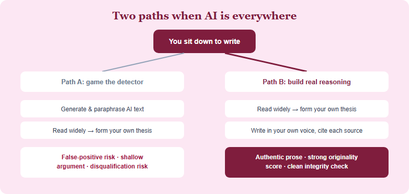 A decision tree contrasting two paths. The detector-gaming path leads to false-positive risk, shallow argument and disqualification risk. The real-reasoning path of reading widely, forming your own thesis, writing in your own voice and citing every source leads to authentic prose, a strong originality score and a clean integrity check.
