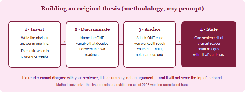Four-step method from public prompt to original thesis: invert the obvious answer, find the discriminator, attach your own evidence, then state a falsifiable thesis.
