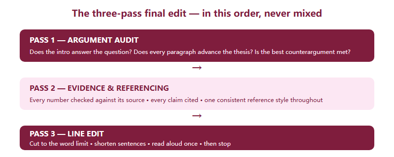 Three sequential editing passes: argument audit, evidence and referencing pass, then line edit, each narrowing the essay toward submission