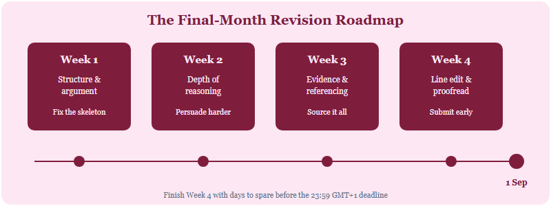 A four-week revision timeline running from late July to the 1 September 2026 deadline, with each week finishing before the deadline to leave a buffer